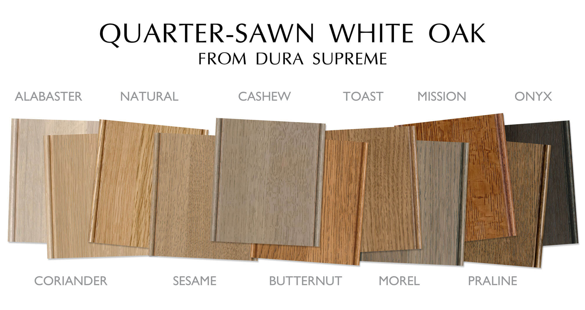 Several samples of Quarter-Sawn White Oak stained finishes from light to dark by Dura Supreme Cabinetry.