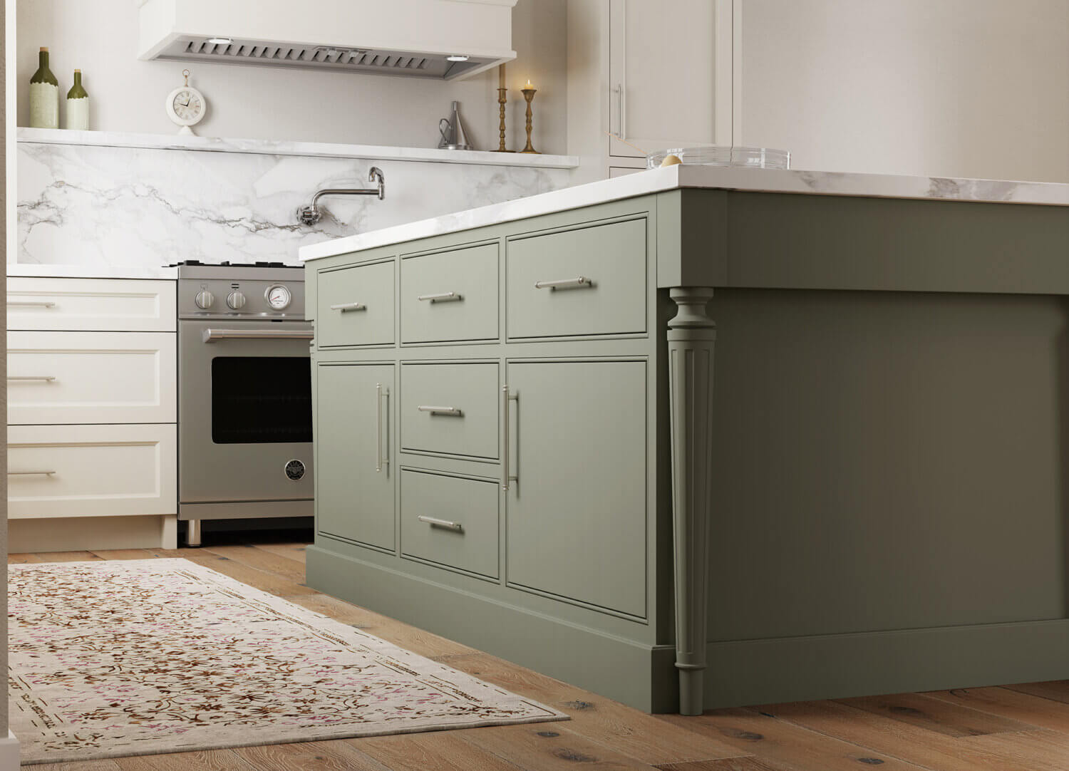 A green painted kitchen island with a furniture style look and slab inset cabinet doors with a beaded frame.