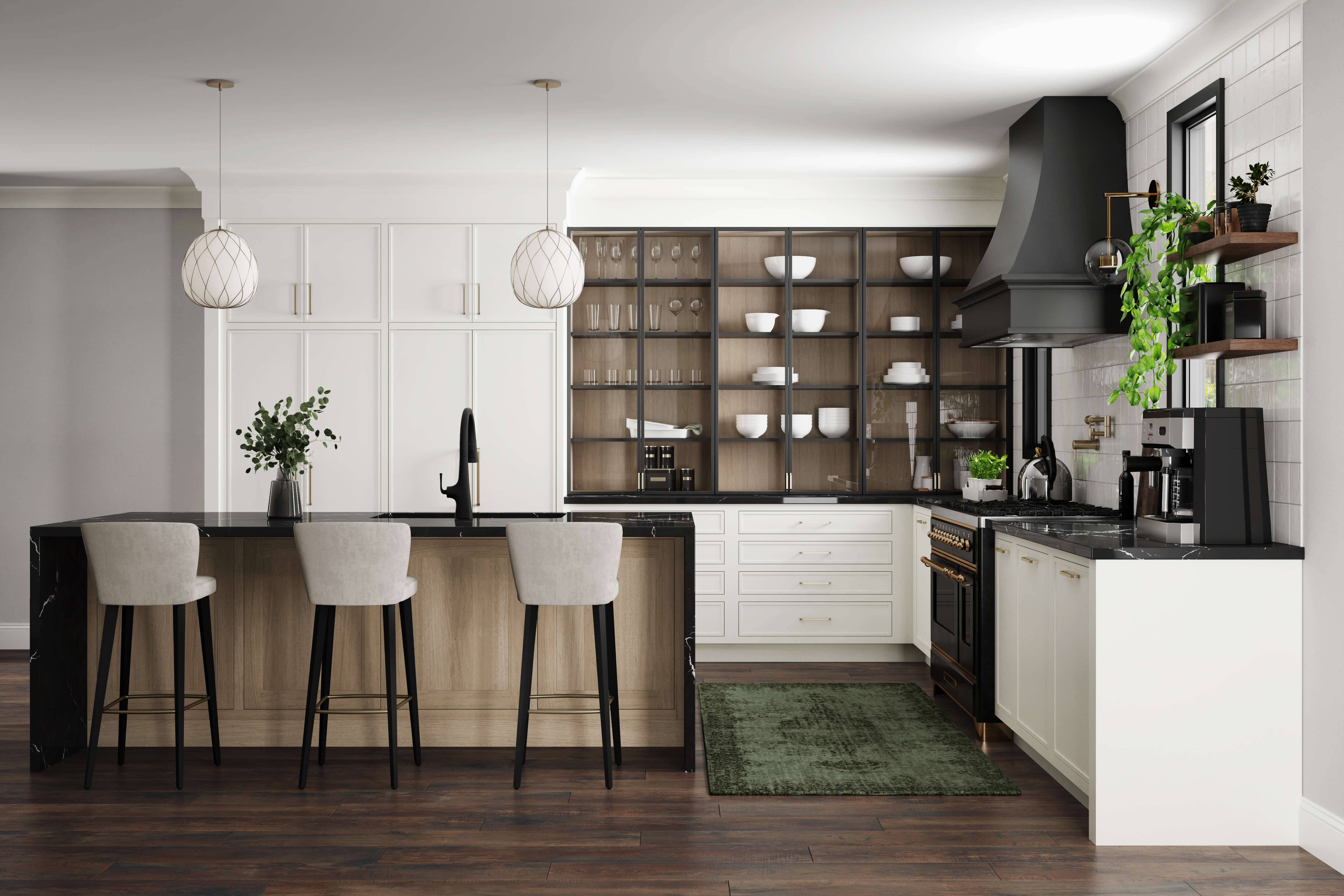 A beautiful trendy kitchen design with white cabinets and metal black framed cabinet doors.