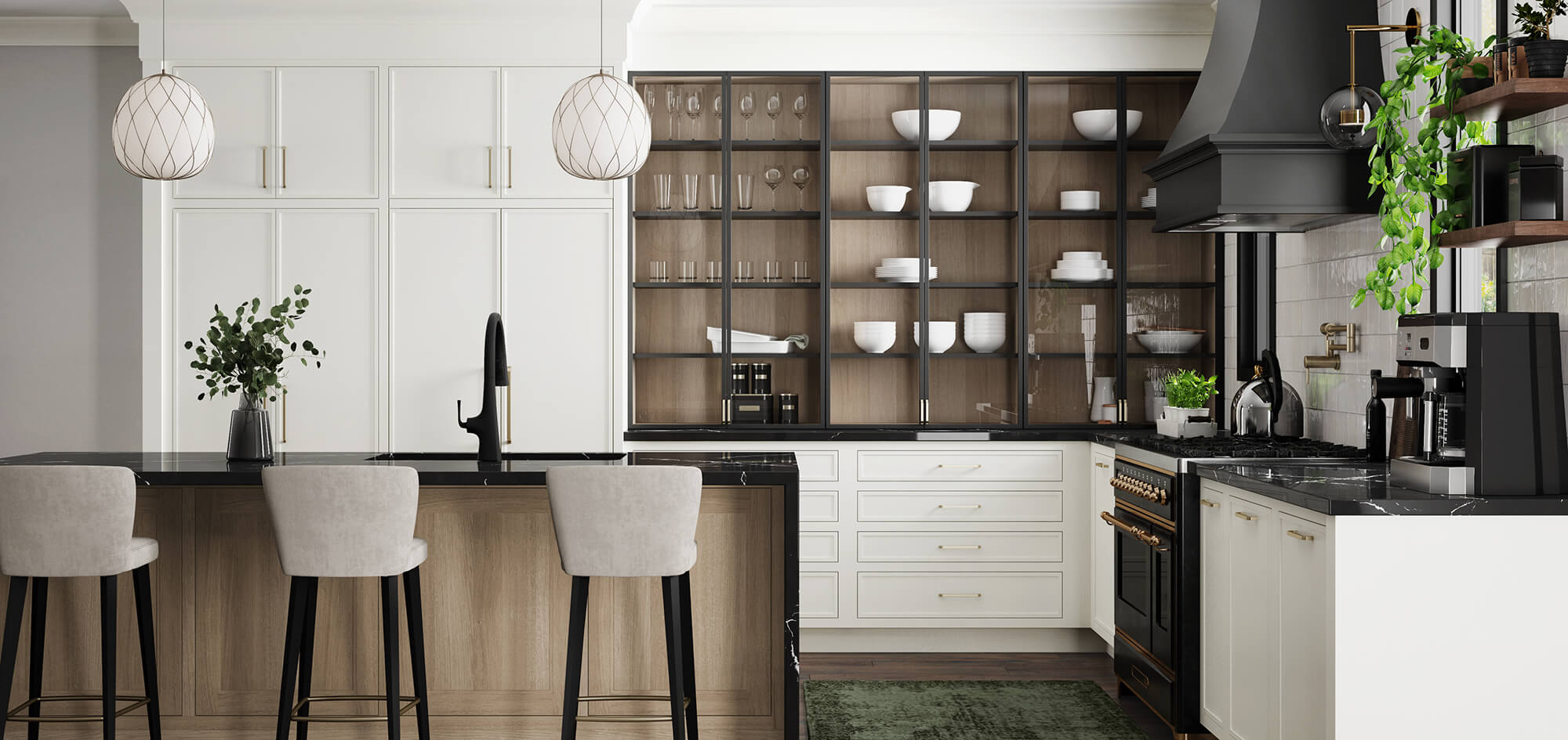 A beautiful black and white kitchen with skinny shaker doors with inset construction.