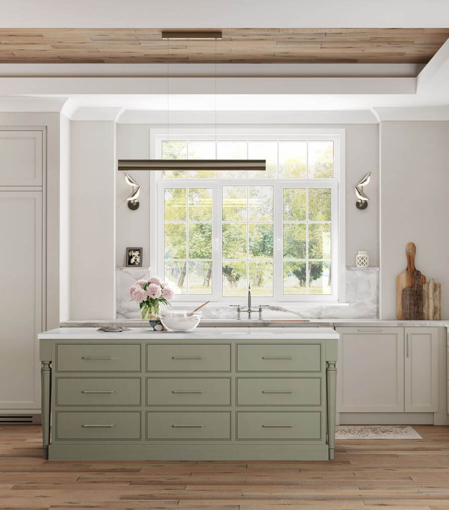 A remodeled kitchen with natural white and sage green painted cabinets with inset cabinets from Dura Supreme.