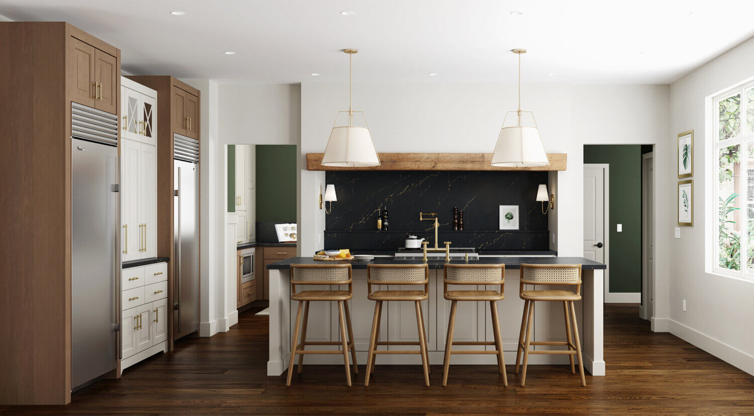 A new kitchen design remodeled with Dura Supreme cabinets featuring an alcove stove with a walk-in pantry behind it.