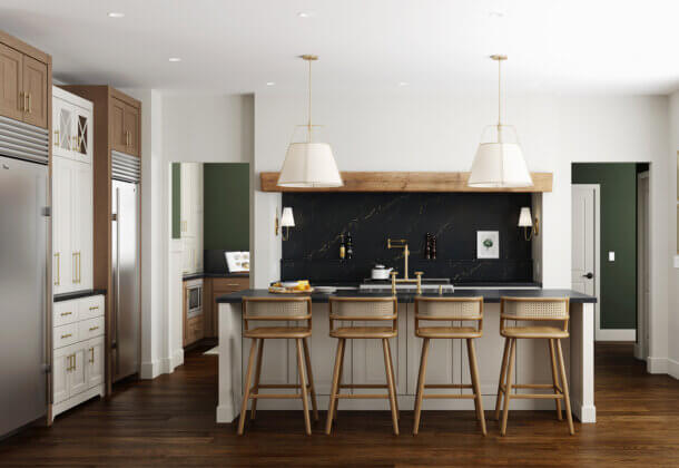 A new kitchen design remodeled with Dura Supreme cabinets featuring an alcove stove with a walk-in pantry behind it.