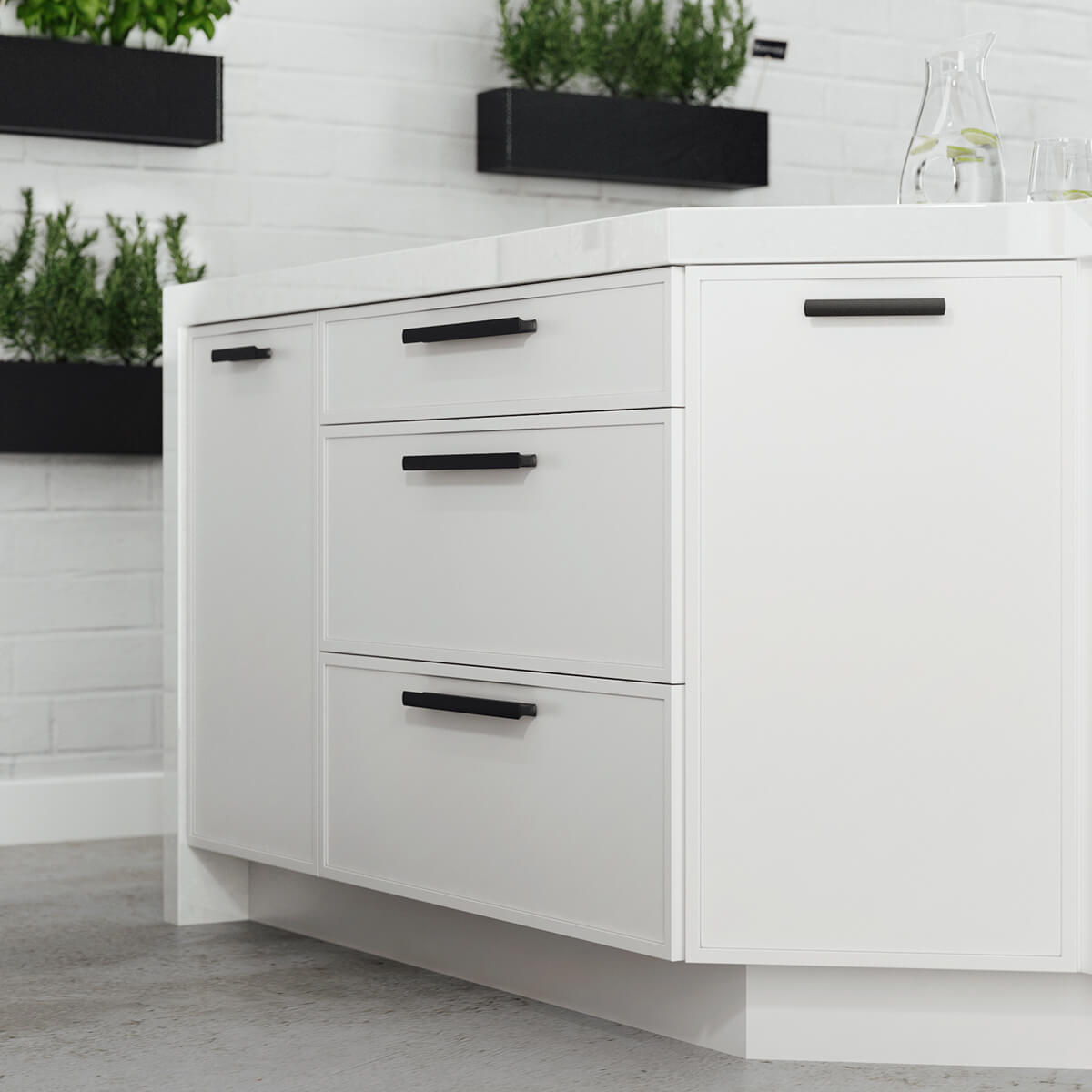 A bright white kitchen island with modern shaker cabinet doors that have skinny stiles and profiles.