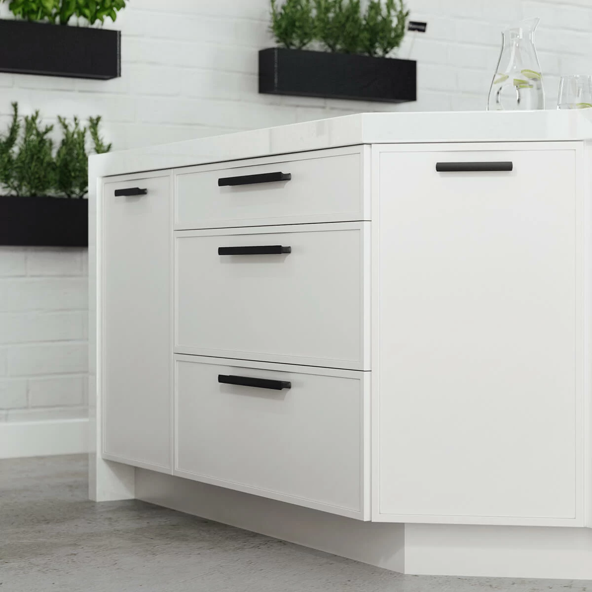 A bright white kitchen island with modern shaker cabinet doors that have skinny stiles and profiles.