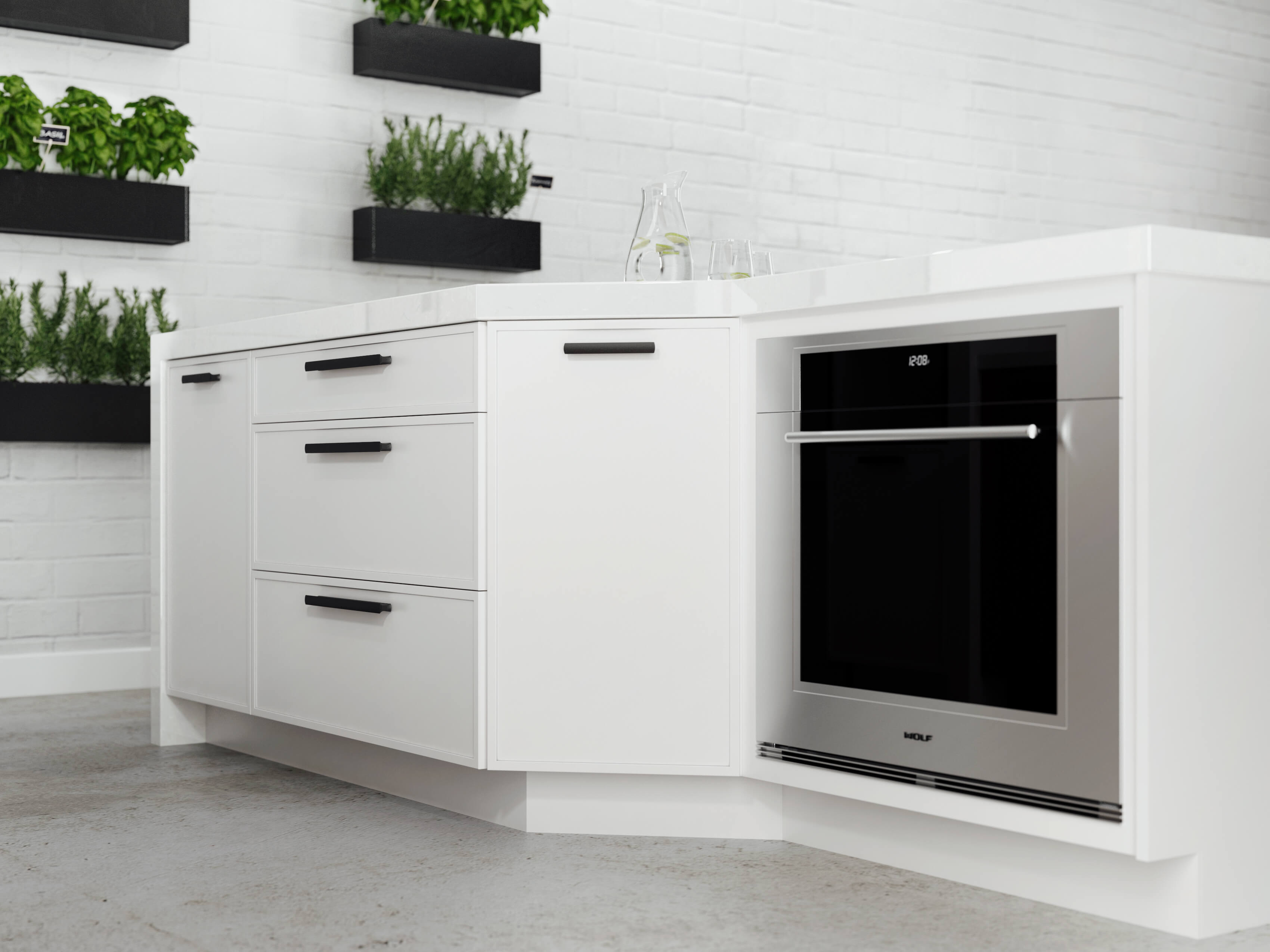 A bright white kitchen island with modern shaker cabinet doors that have skinny stiles and profiles.