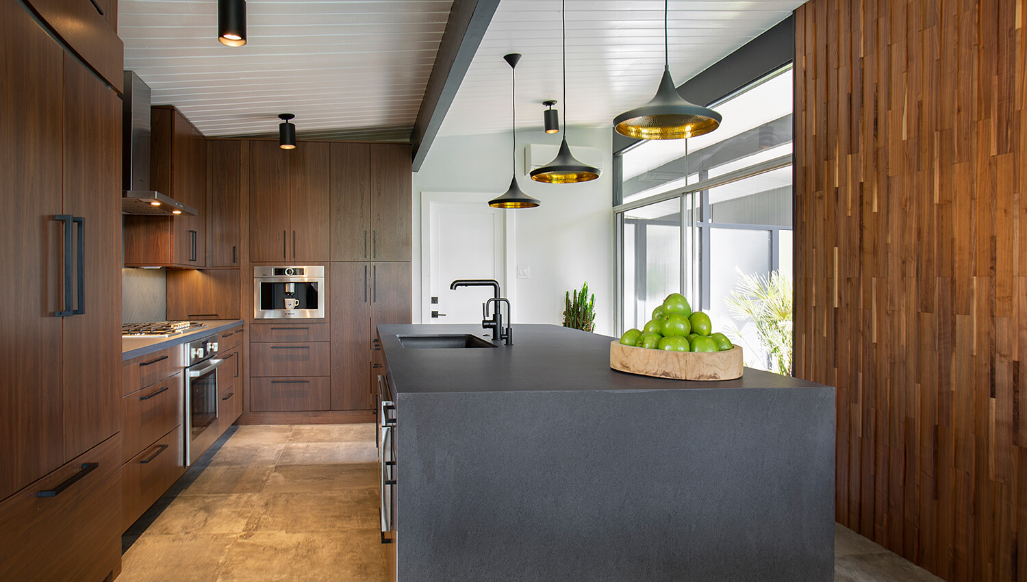 A beautiful modern-day kitchen with mid-century modern style.
