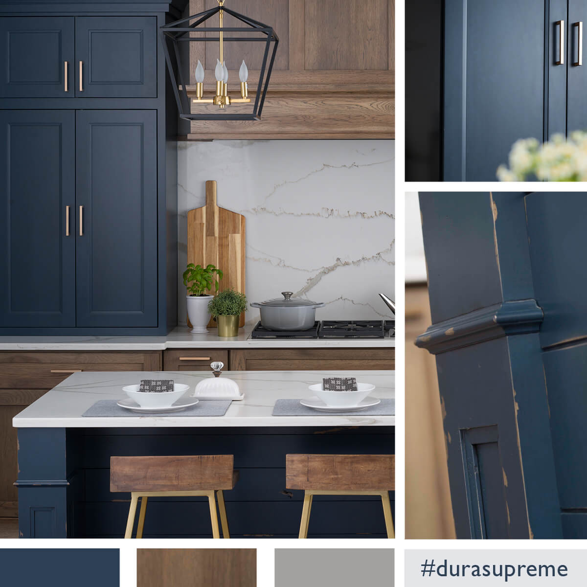 The color path for a navy blue and true brown kitchen design with light gray accents.