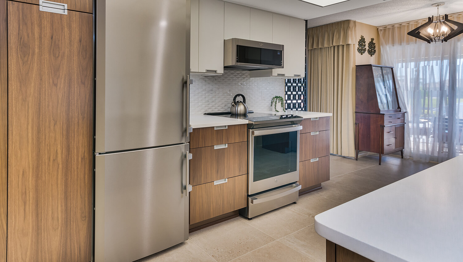 A mid-century modern styled galley kitchen.