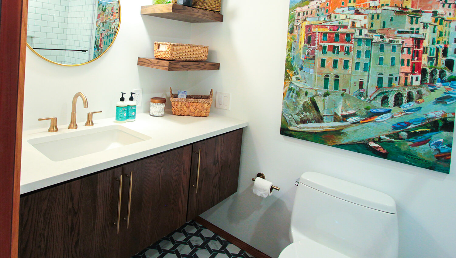 A colorful mid-century modern bathroom with a floating vanity from Dura Supreme.