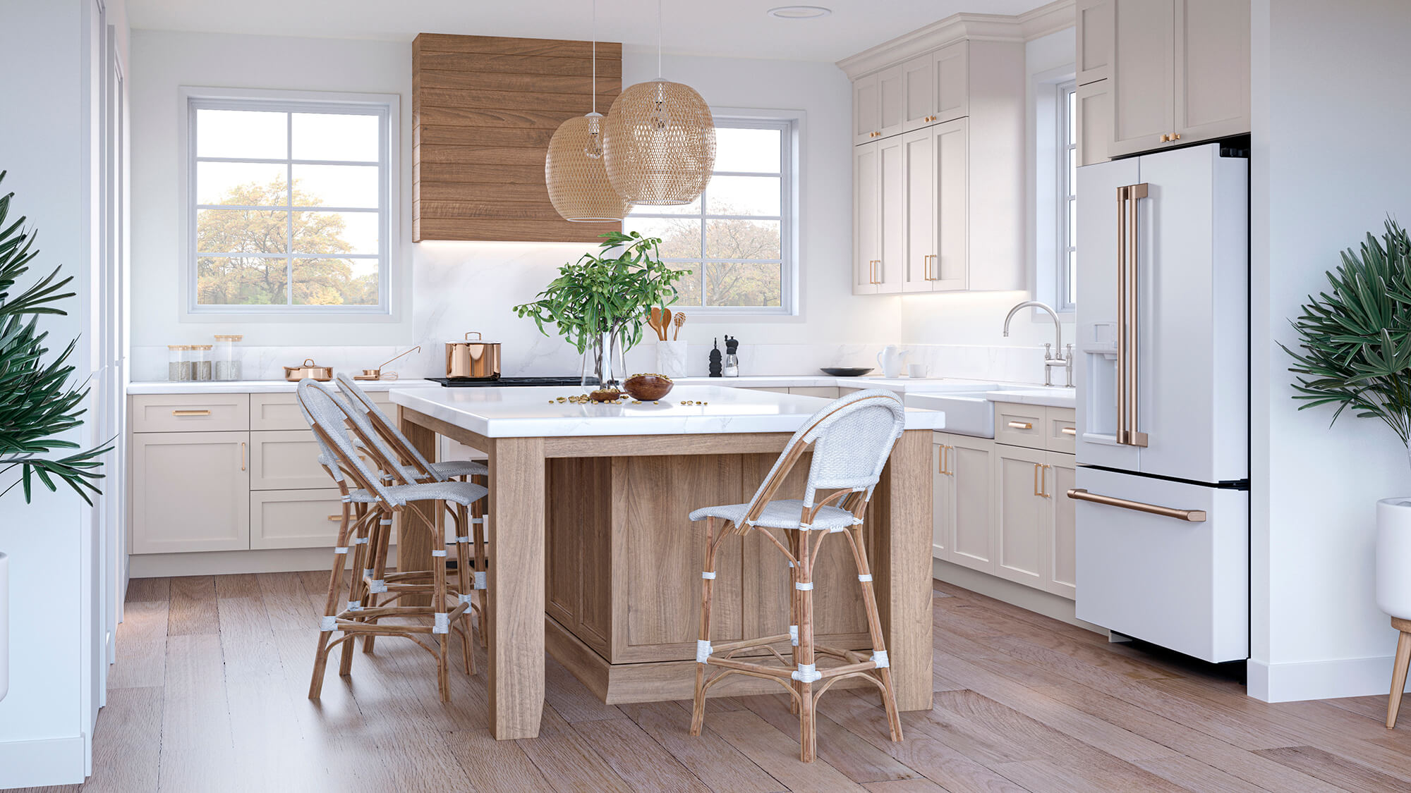 A beautiful kitchen design with light airy colors and a well-designed neautral color palette.