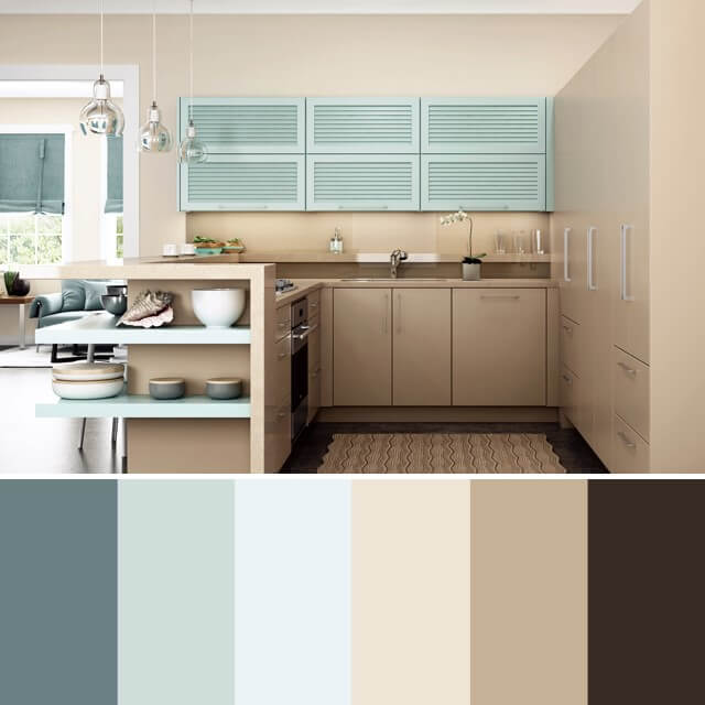 A kitchen color path idea with several shades of blue, tan, brown, and ivory.