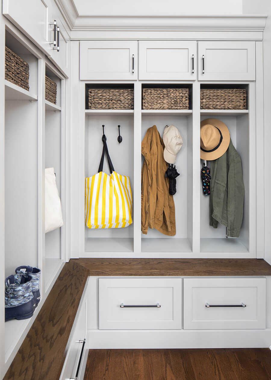 A corner wrapping boot bench and lockers with divided storage for each member of the family.