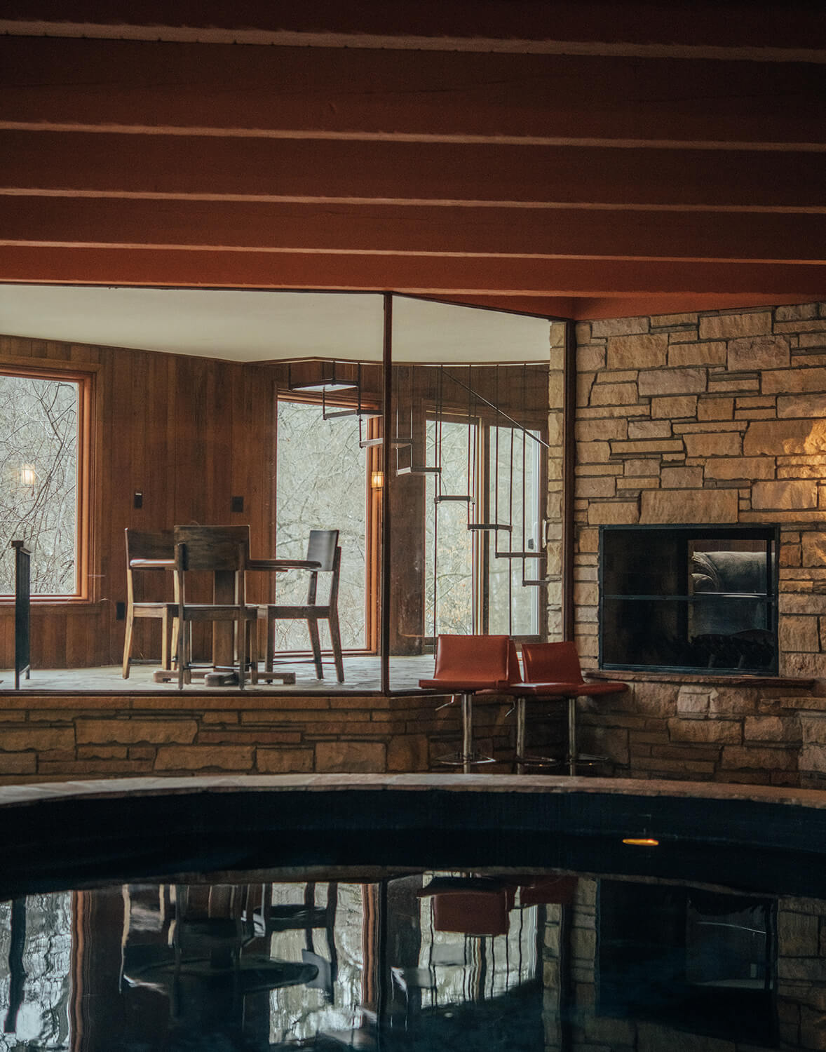 A mid-century modern home with an indoor pool.