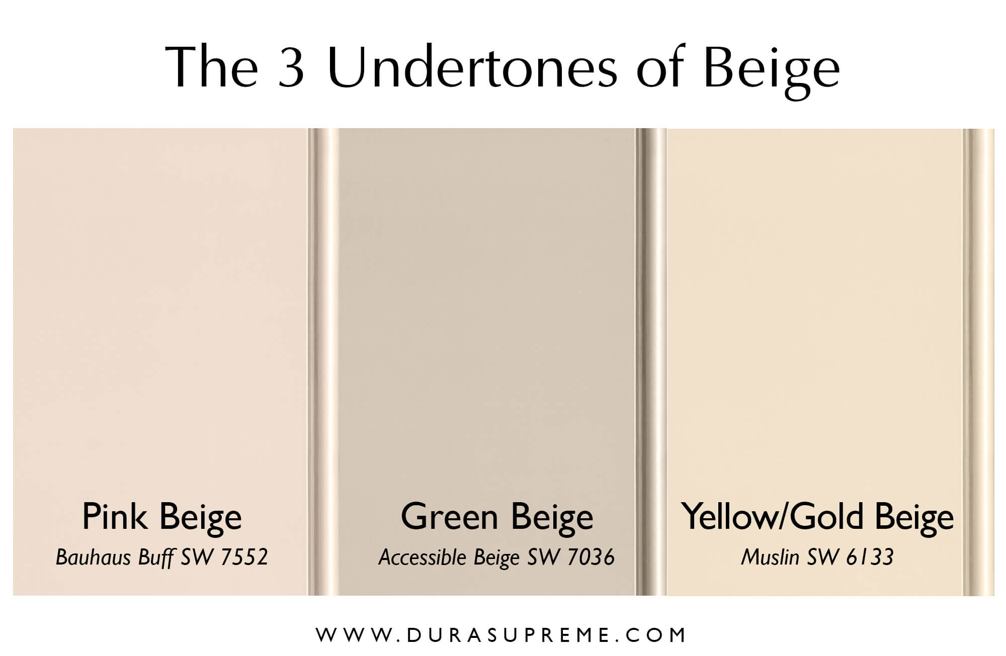 The 3 Undertones of the color Beige, pink-beige, green-beige, and yellow/gold beige. Featuring Bauhaus Bluff SW7552, Accessible Beige SW7036, and Muslin SW6133 by Sherwin-Williams.