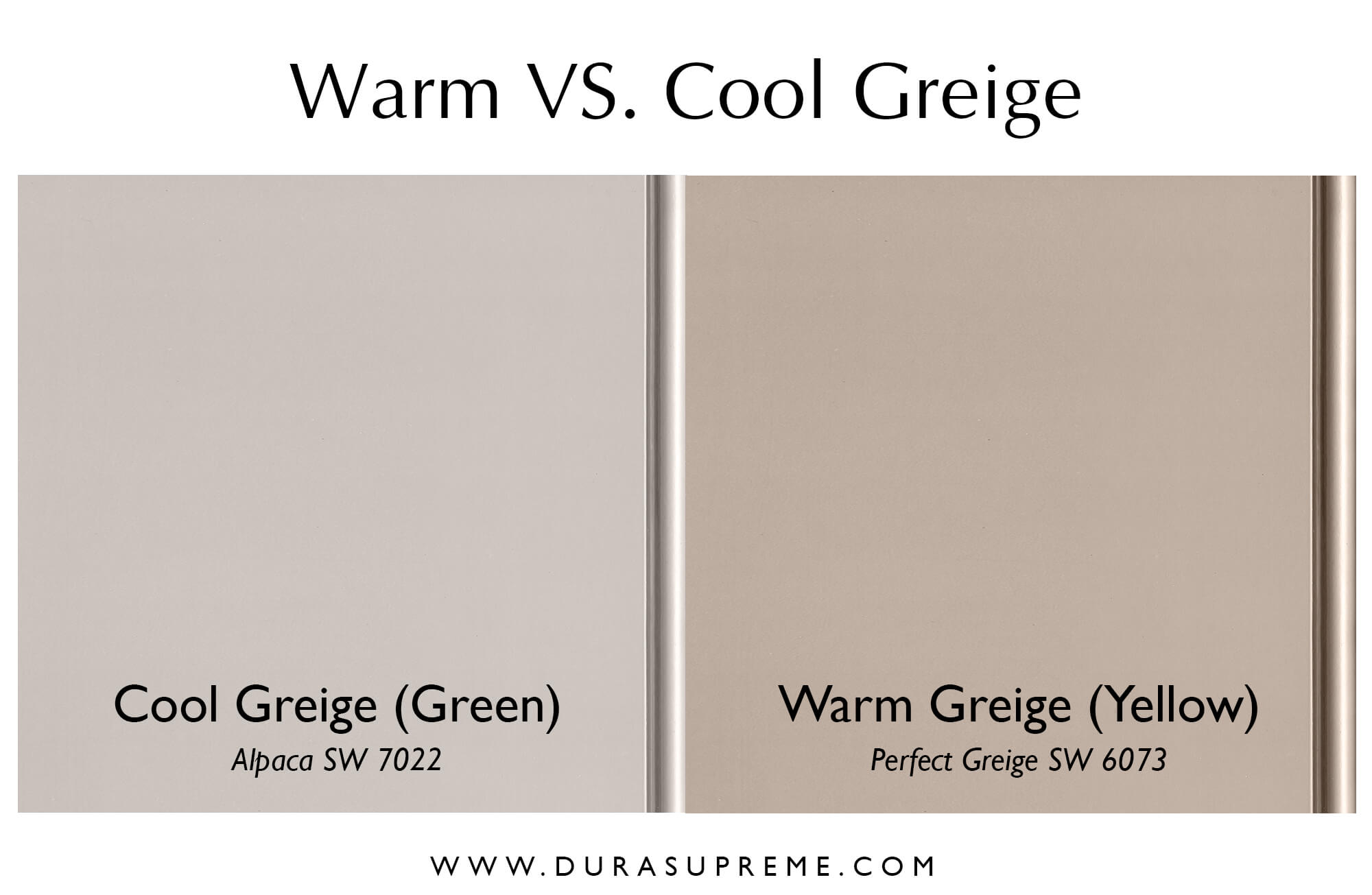 The 2 primary Undertones of the color Greige, cool green-greige and warm yellow-greige. Featuring Alpaca SW7022 and Perfect Greige SW6073 by Sherwin-Williams.