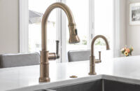 The double sink at the kitchen island has a brushed brass finish on the faucet.