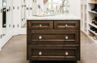 A kitchen island used in a master bedroom wlak-in closet for storage and a workspace.