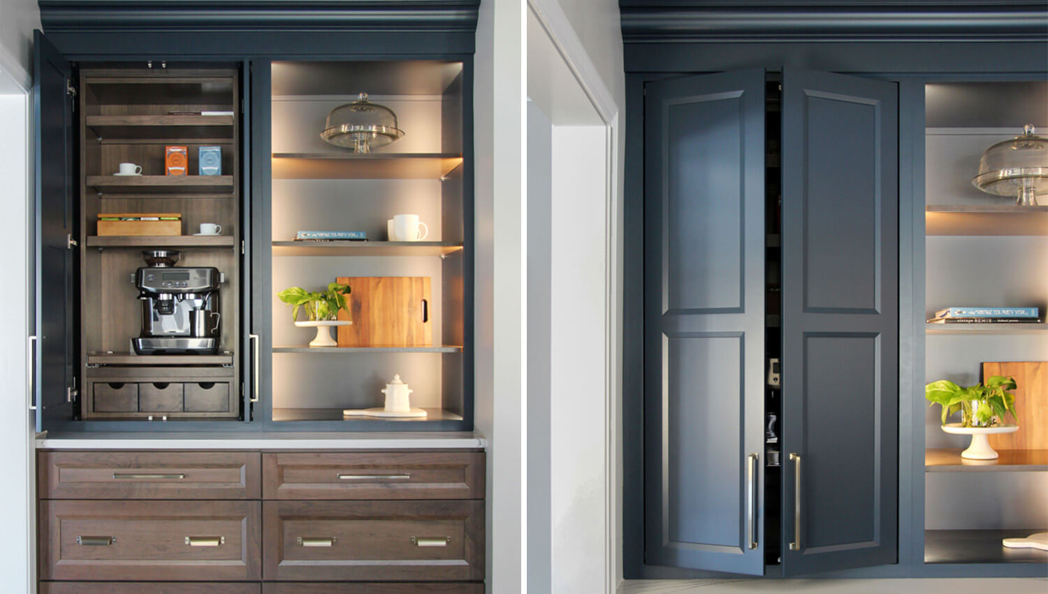 A coffee bar cabinet shown with pocket doors shown open and closed.