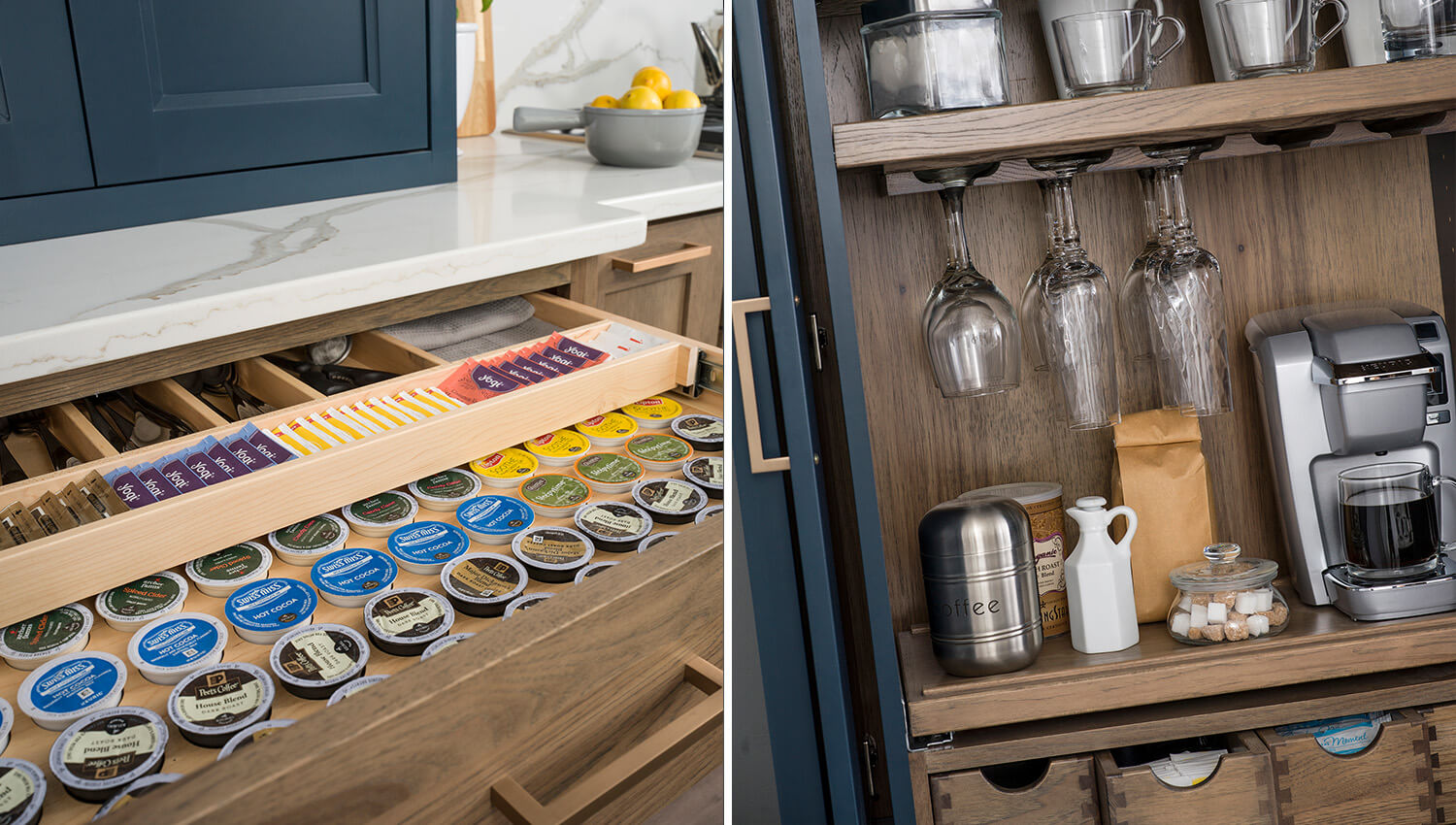 A beverage center larder cabinet with a coffee maker station with drawers for k-cup storage and tea making supplies.