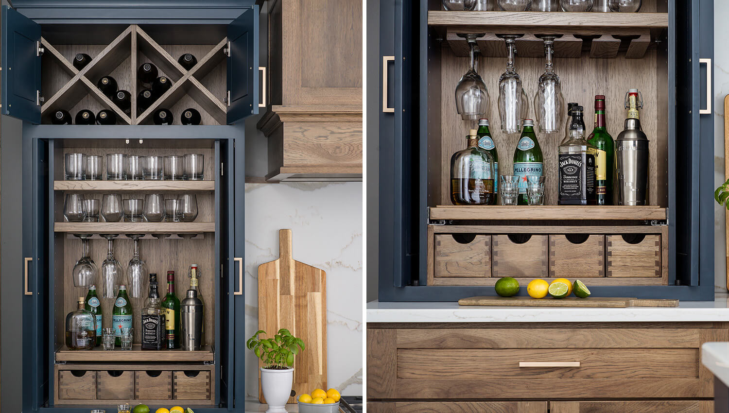 A Larder Liquor Cabinet with an X-wie Rack above, a wine glass rack, shelves for glassware, and small drawers for wine openers and bar tending supplies.
