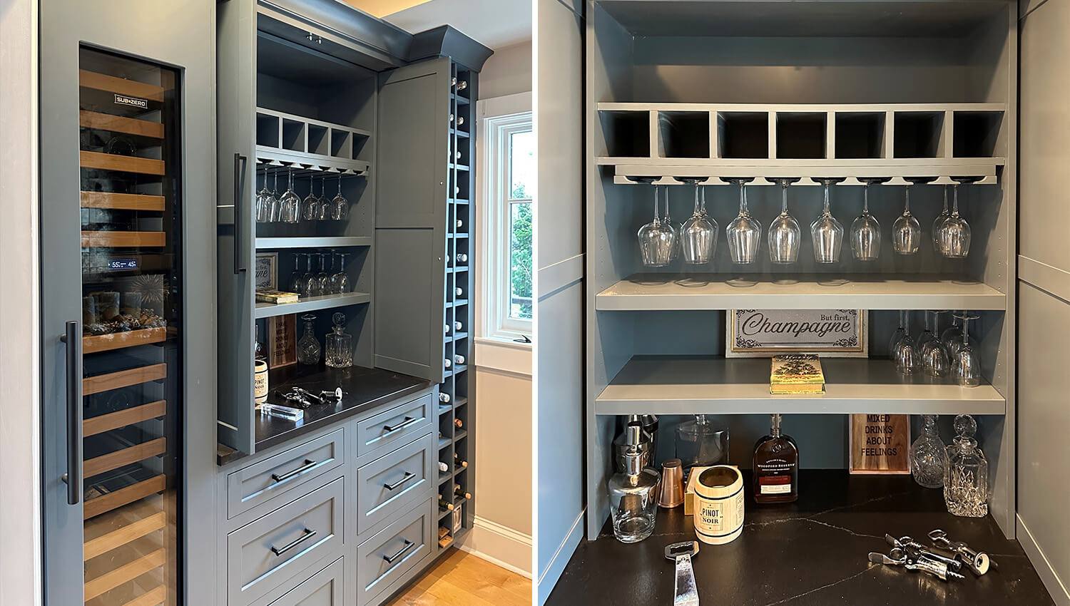A full wall home bar and larder cabinet for a hidden beverage making work station.