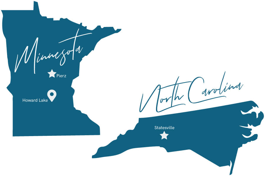 A map of Minnesota and North Carolina showing Dura Supreme's locations in Howard Lake, MN, Pierz, MN and Statesville, NC.