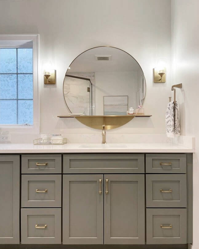 A sassy gray painted bathroom vanity with a custom paint color.