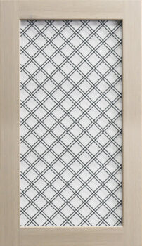 A cabinet door insert with large wire mesh diamond pattern.