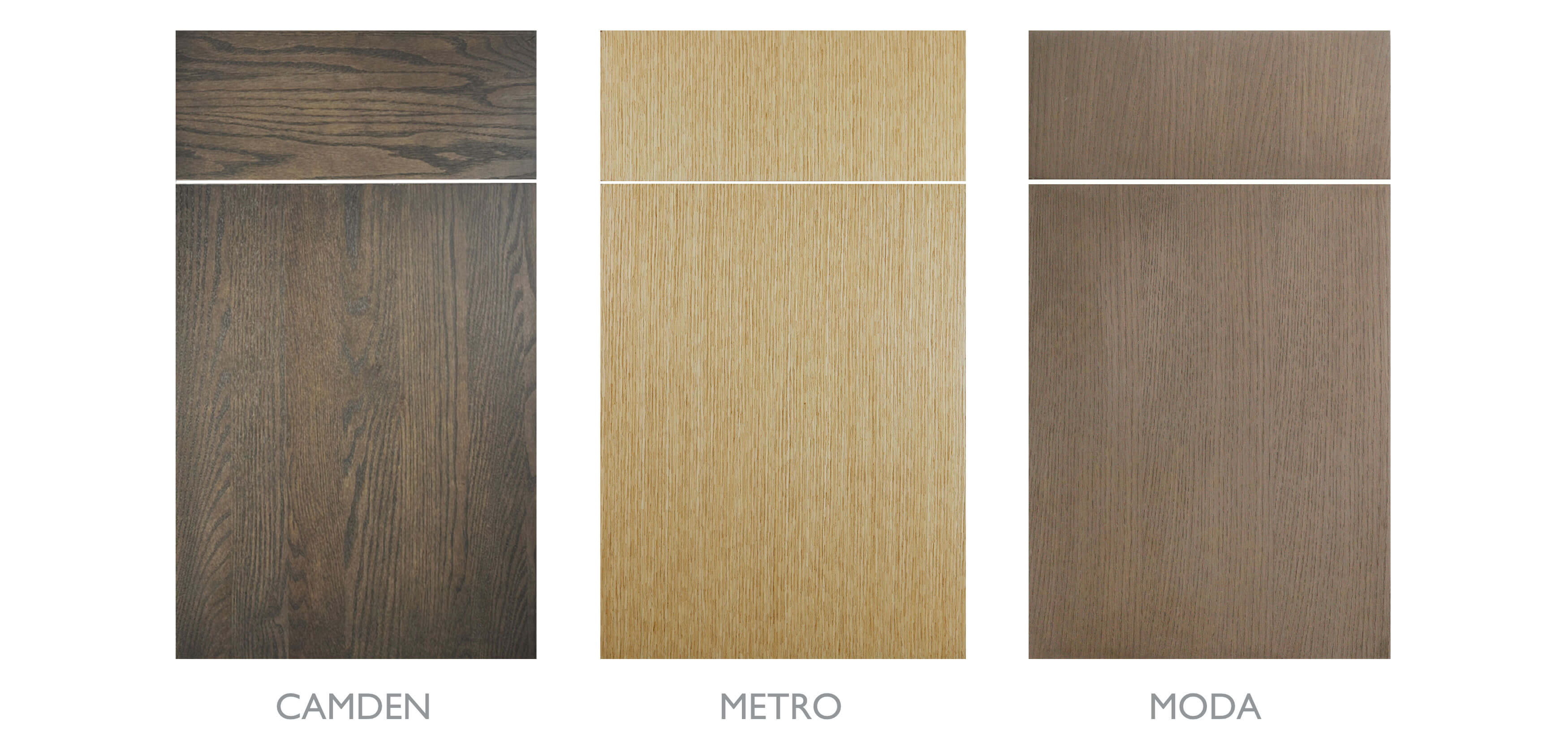 Three Wood Slab Cabinet Door Styles from Dura Supreme Cabinetry, Camden, Metro, and Moda.