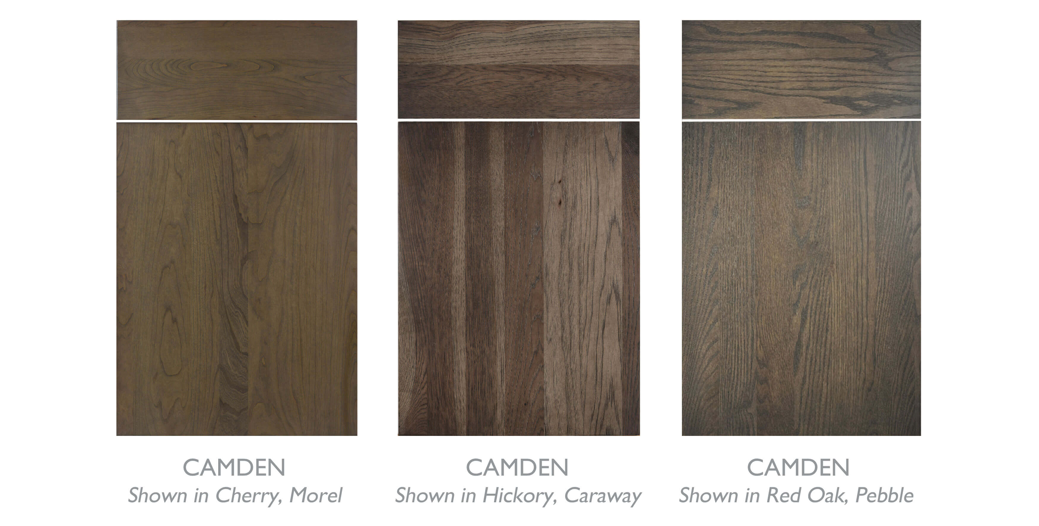 Dura Supreme's Camden door style, a slab wood door shown in 3 different wood species and stains.