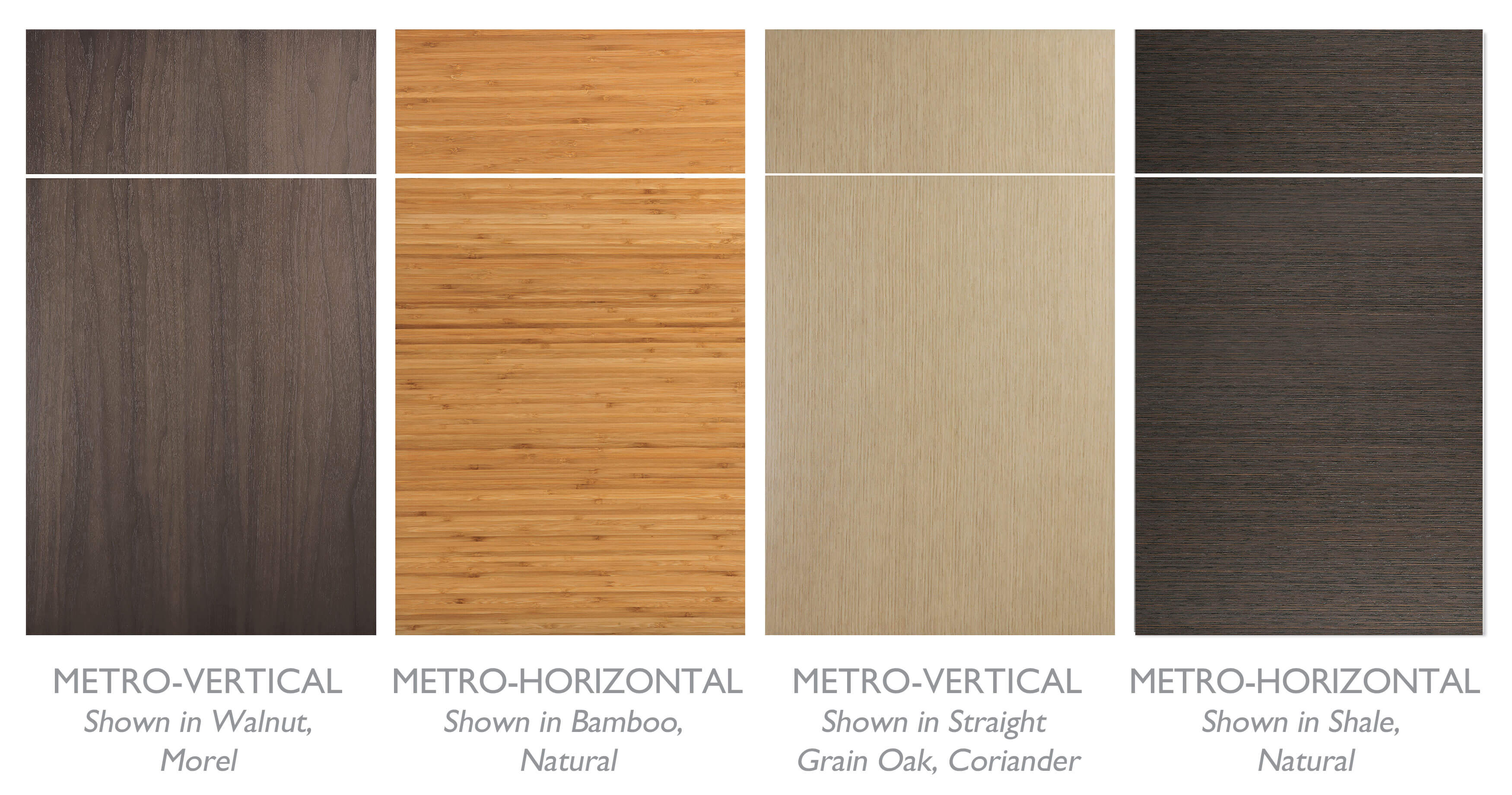 Dura Supreme's Metro door style, a slab wood door shown in 4 different exotic wood veneers and stains.