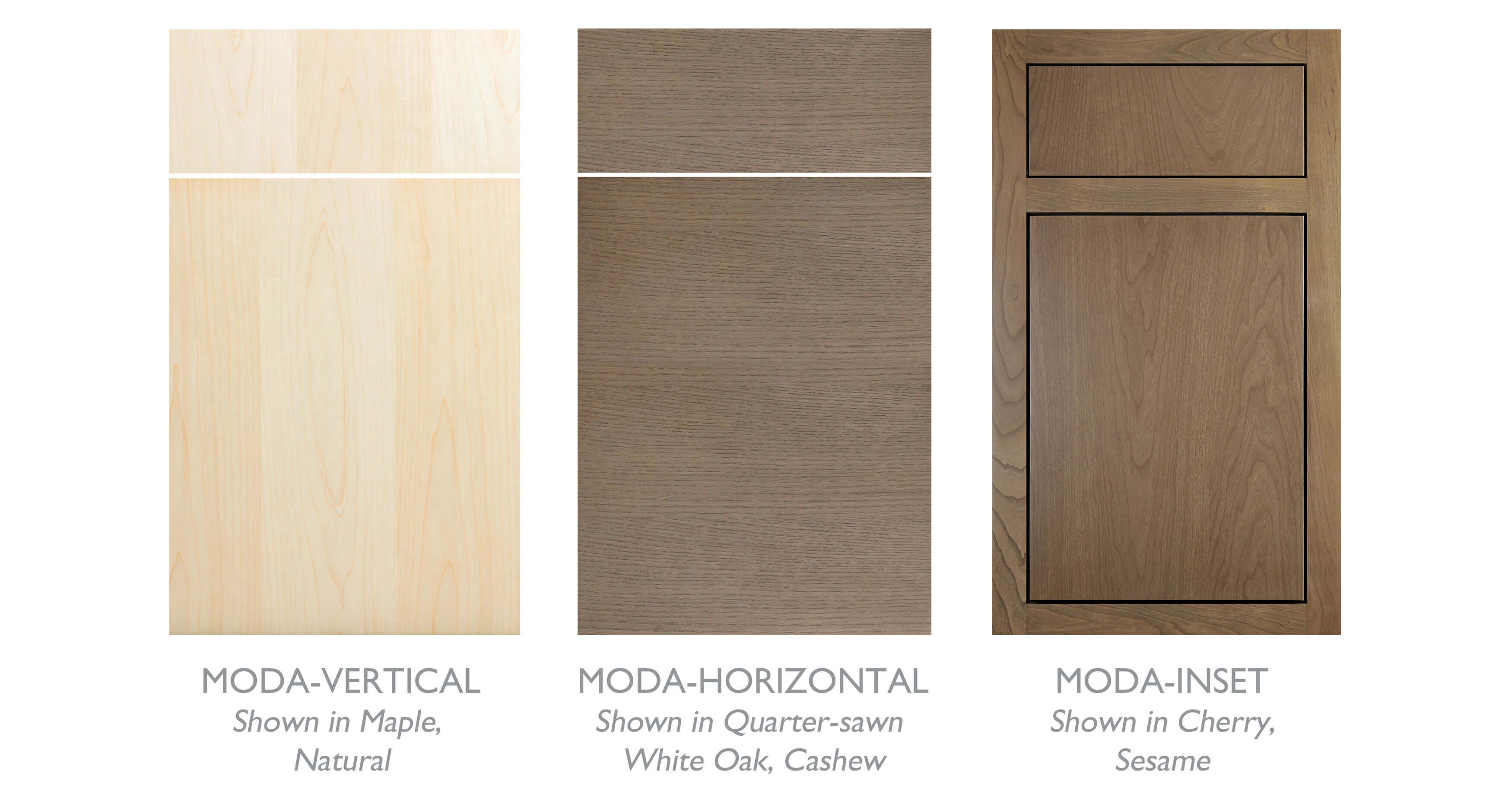 Dura Supreme's Moda door style, a slab wood door shown in 3 different wood veneers and stains.