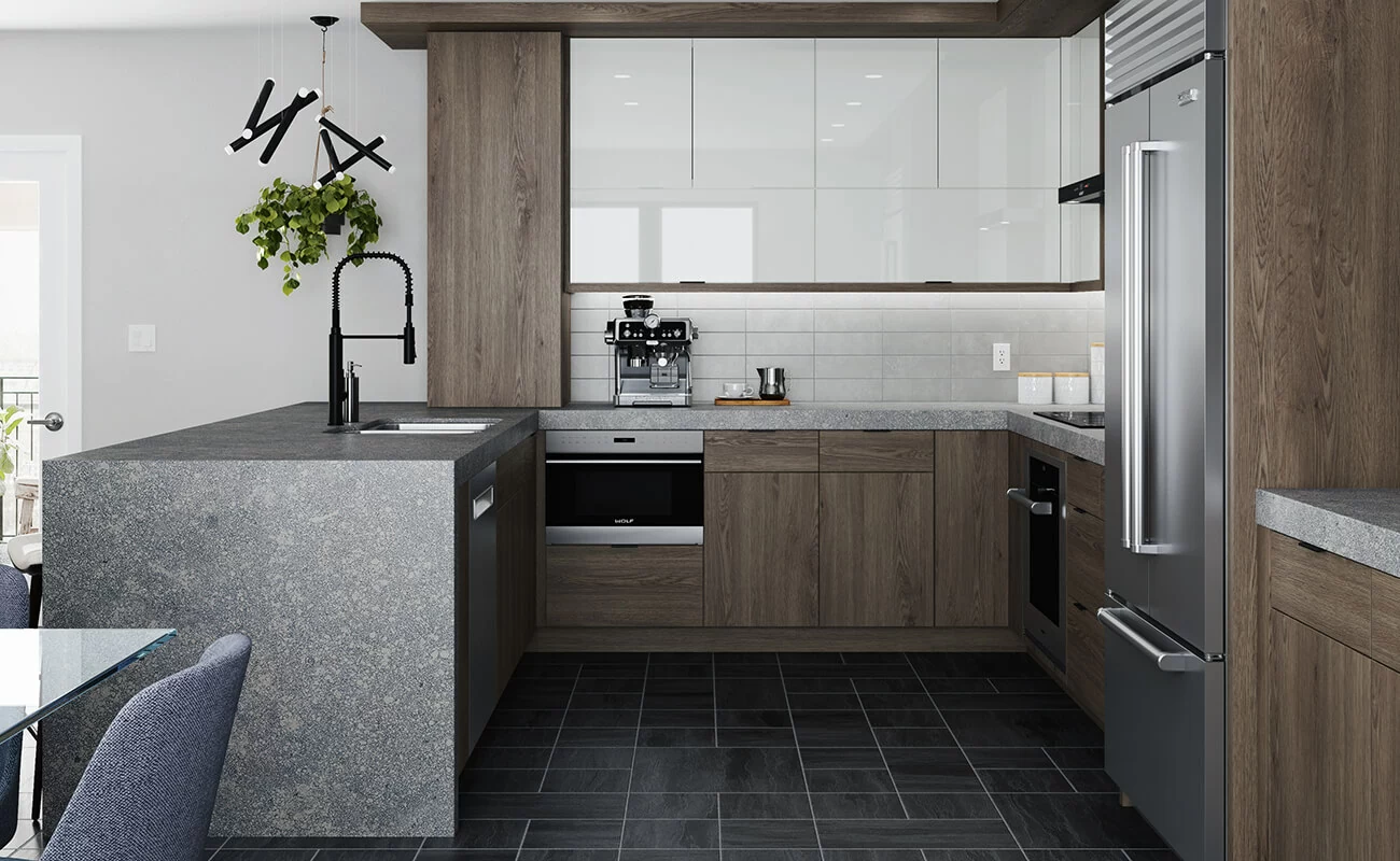A contemporary kitchen design with glossy acrylic cabinets contrasted with gray stained wood cabinets.