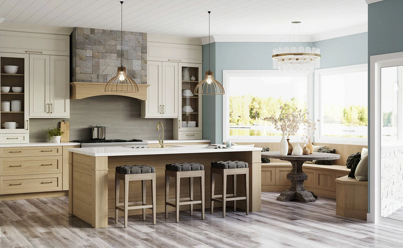 A lakeshore kitchen renovation with light stained quarter-sawn white oak cabinets paired with off-white painted cabinetry.