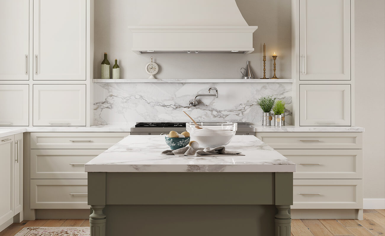 A soft white painted kitchen with an Modern English style.