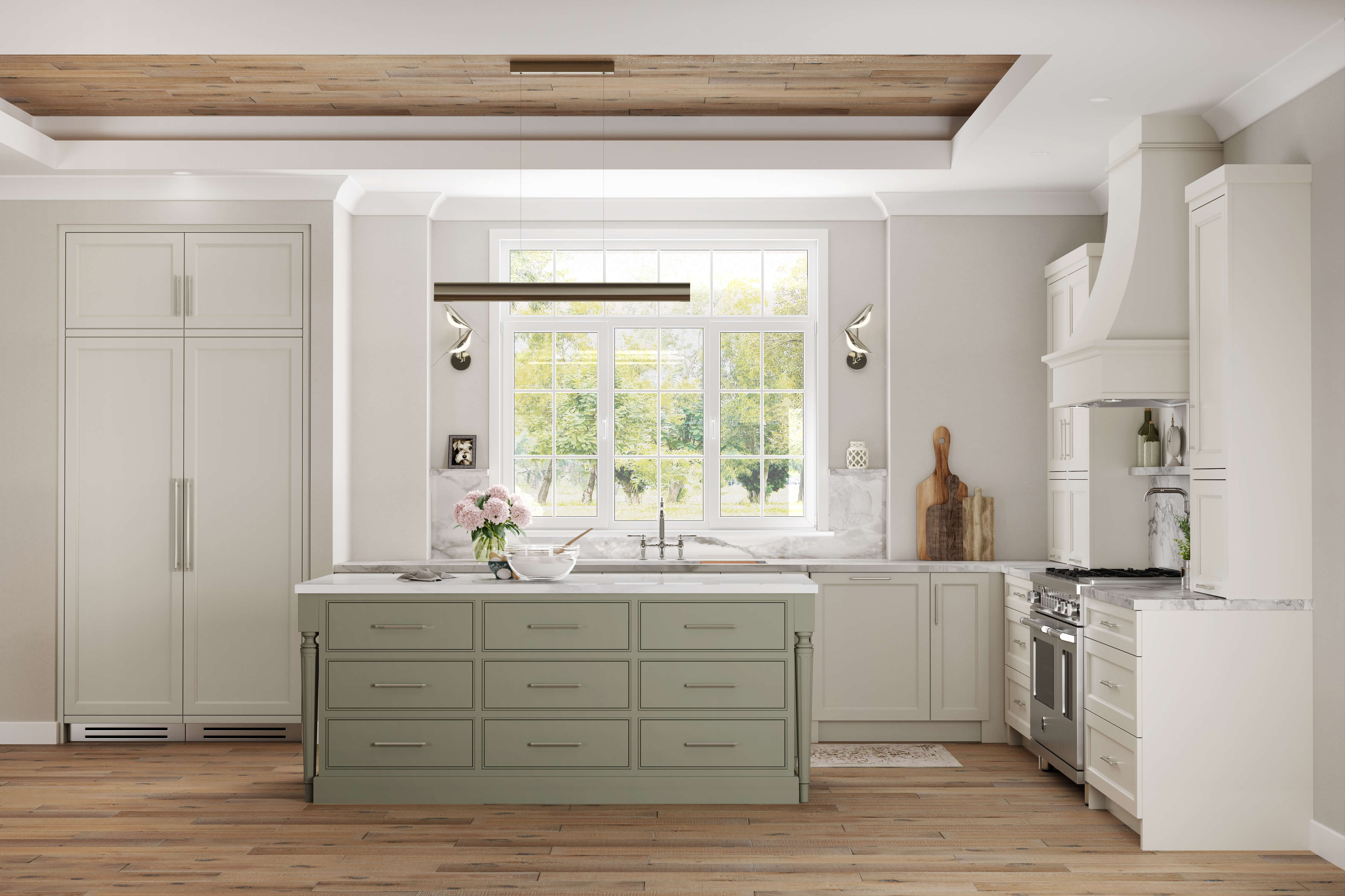 A beautiful kitchen remodel with an on-trend sage green painted kitchen island contrasting the surrounding muted off-white painted cabinets.