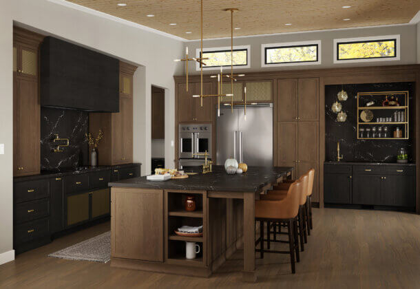 A beautiful new kitchen remodeled with shallow shaker cabinetry in black and true brown stained finishes.