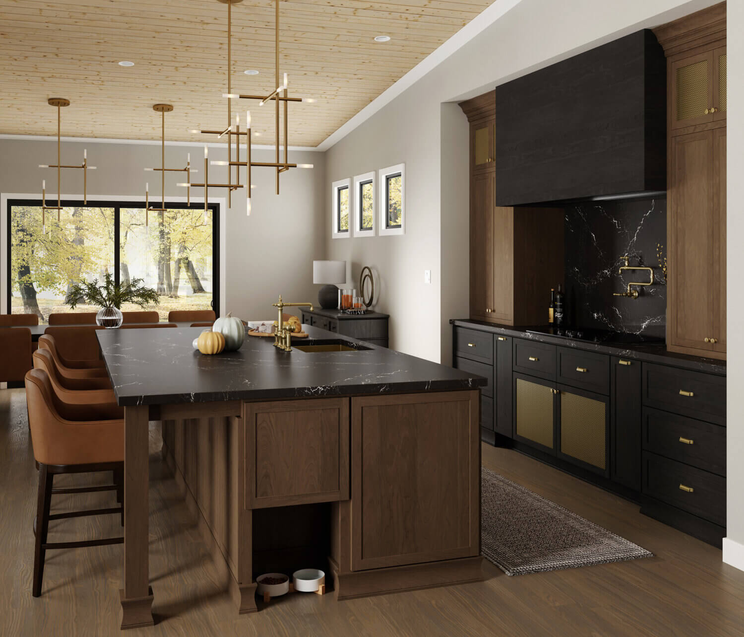 A dreamy kitchen with warm woods and black accents featuring a shallow, modern shaker door.