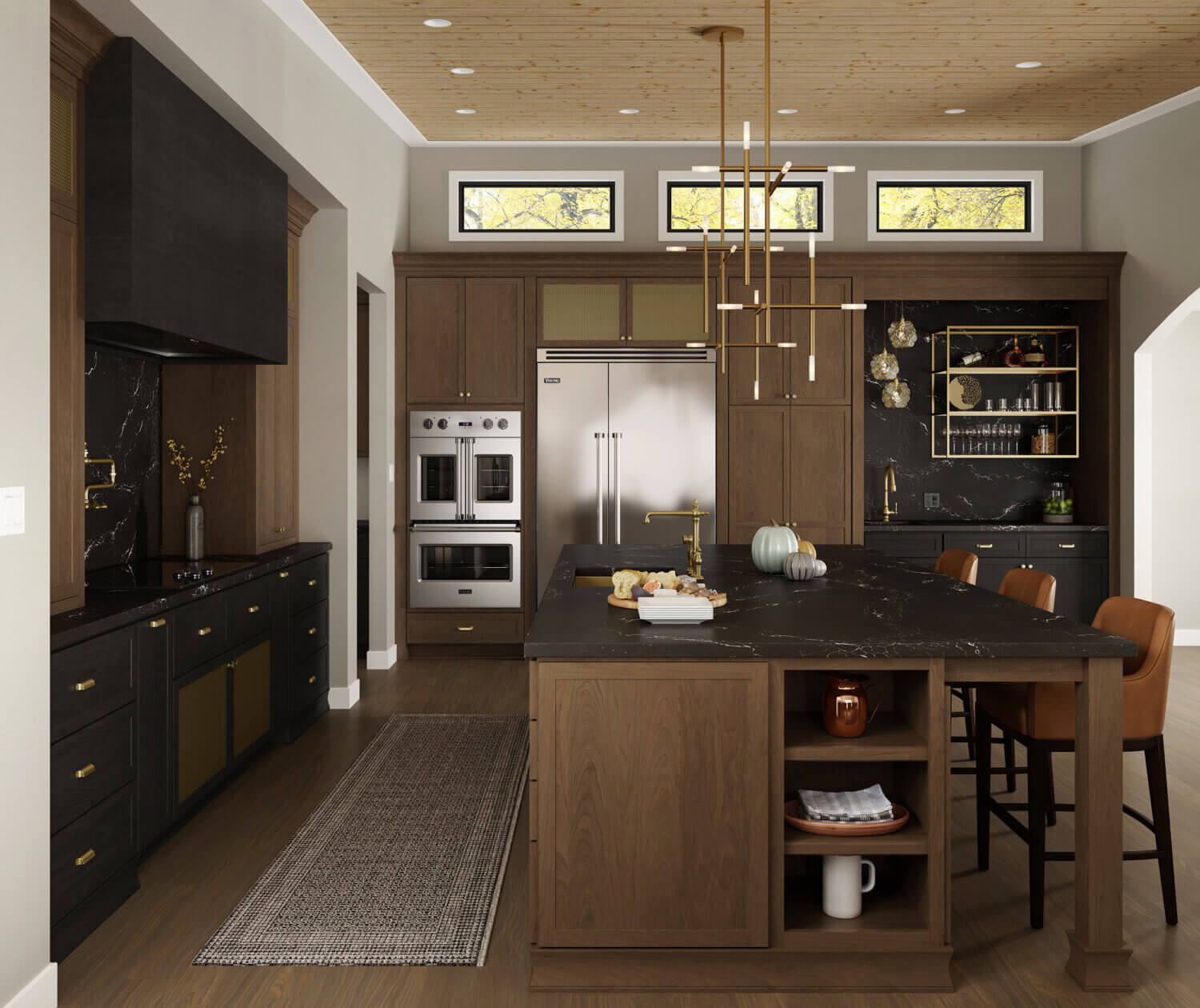 A pretty kitchen remodel with a stained wood cabinets in two tones of black and medium brown.
