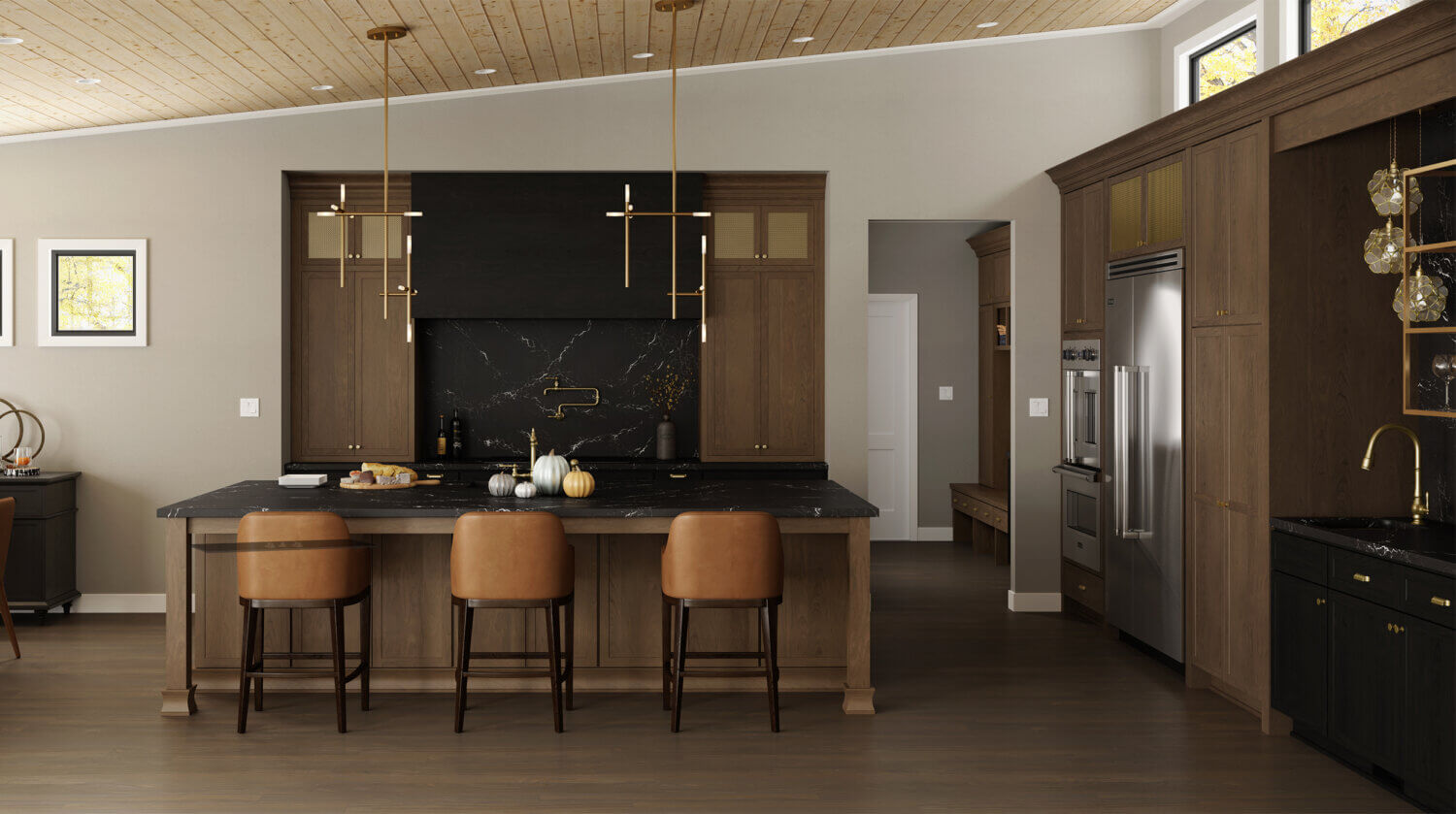 A warm black and brown modern kitchen with a shallow shaker door style.