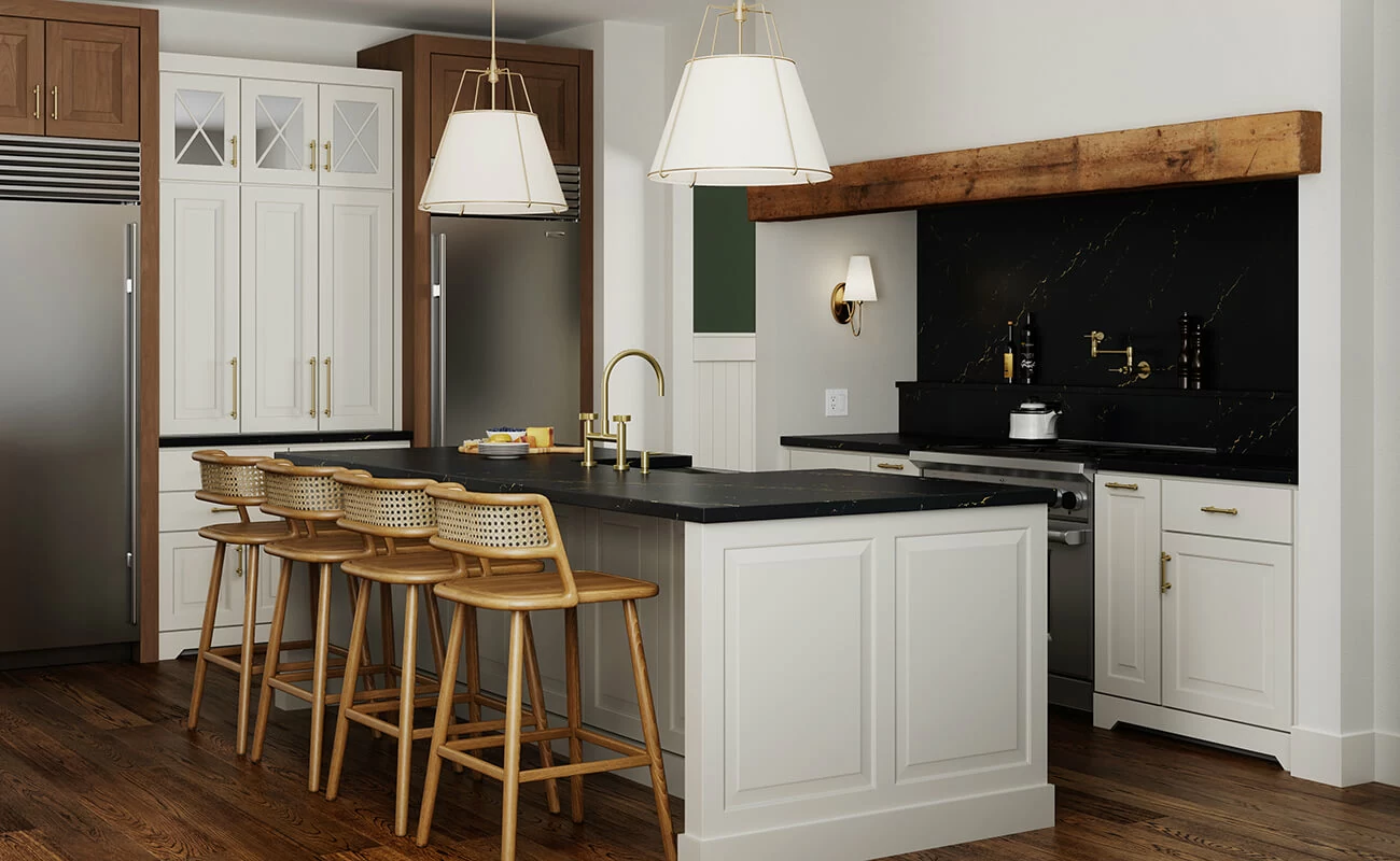 A tradtional styled kitchen with an alcove cooking station with white painted cabinetry.