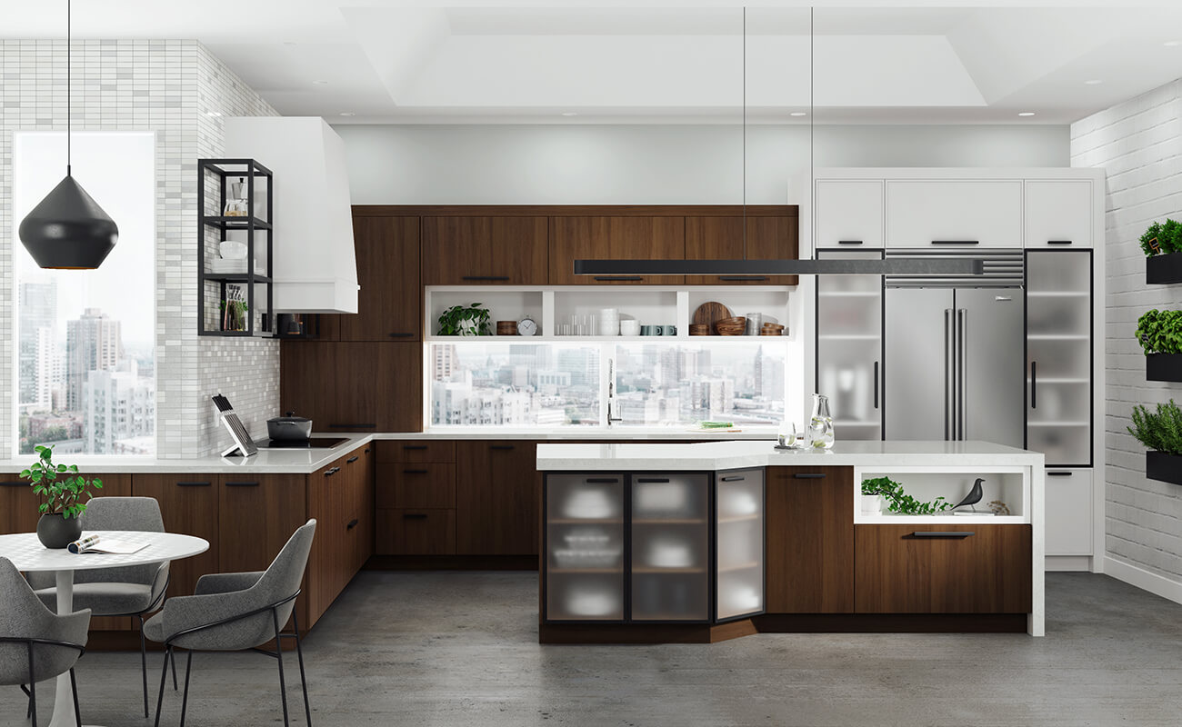 An urban kitchen remodel with walnut slab cabinets, a modern wood hood, and metal shelves.