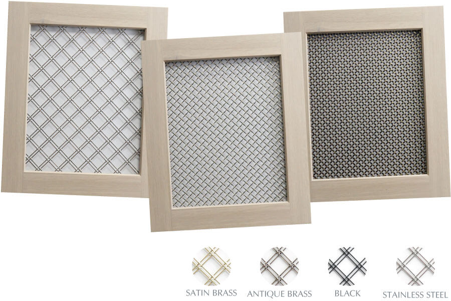 Wired Mesh cabinet inserts in multiple styles and metal finish colors.
