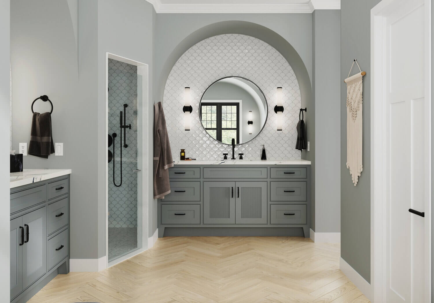 A boho inspired master bathroom design with a gray painted furniture style vanity with reeded cabinet door accents.