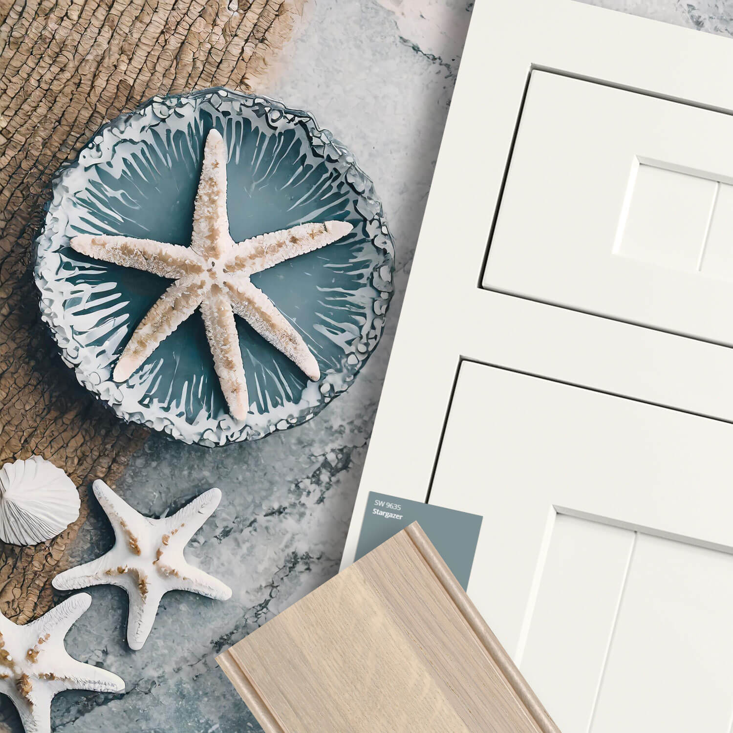 A Coastal Styled flat lay mood board featuring a ship lap inspired cabinet door with a soft white painted finish paired with a white wash stain on oak.