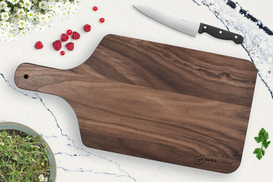 Free Walnut Cutting Board for a Testimony about Dura Supreme Cabinetry.