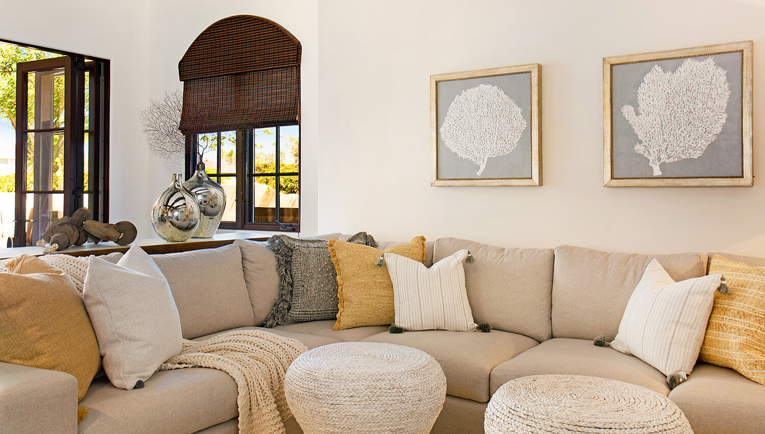 Textiles used in a Coastal style interior design shown with a relaxed living room design.