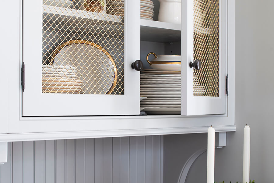 Wire mesh cabinet doors.