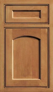 Dura Supreme's Hampton Panel inset cabinet door style is an arched door with a flat panel with classic details.